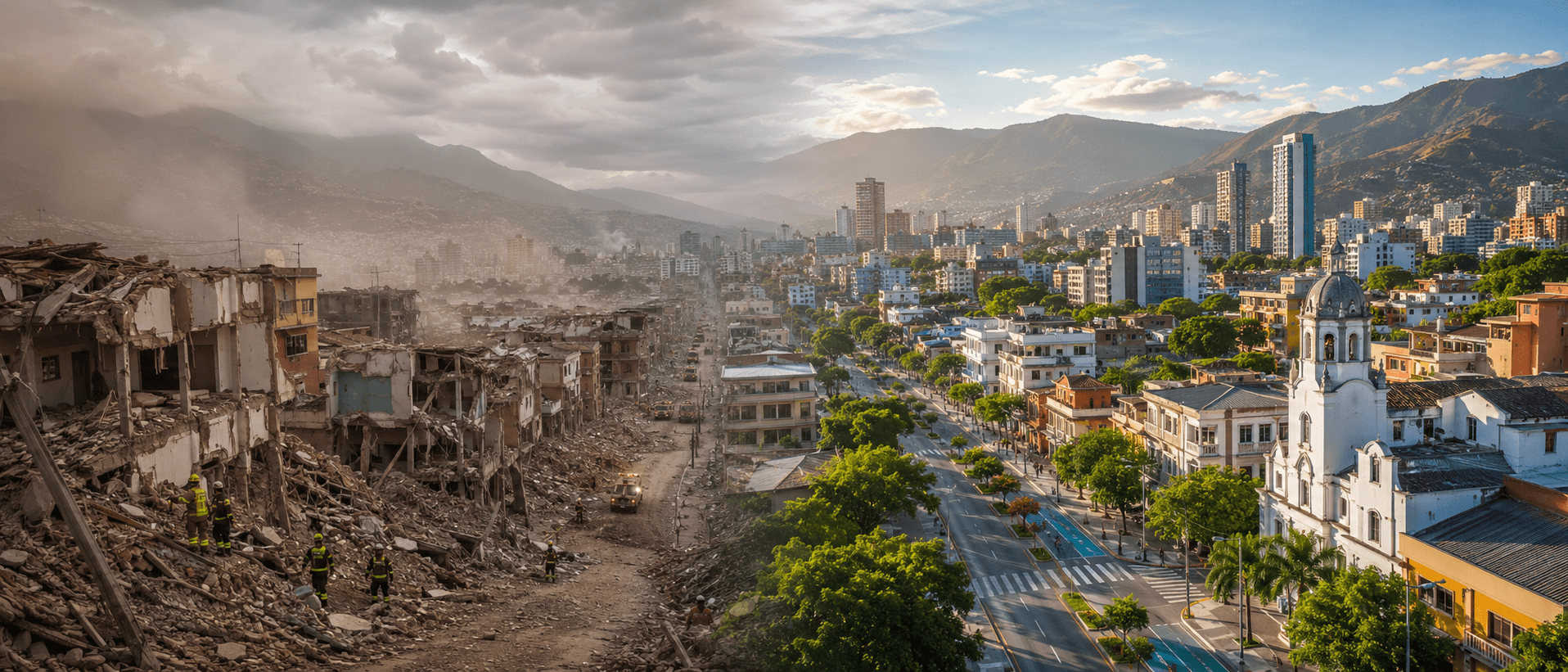 A city divided between collapsed blocks worked by rescue crews and the restored quarter beyond — the arc Hai-Loumos exists to shorten