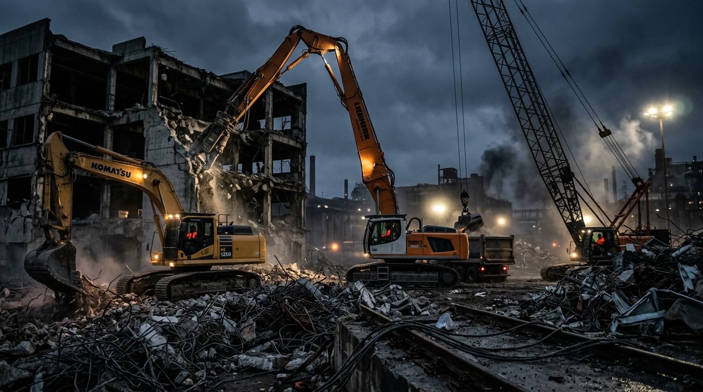 Demolition excavators and haul equipment working a structure under floodlight — Hai-Loumos