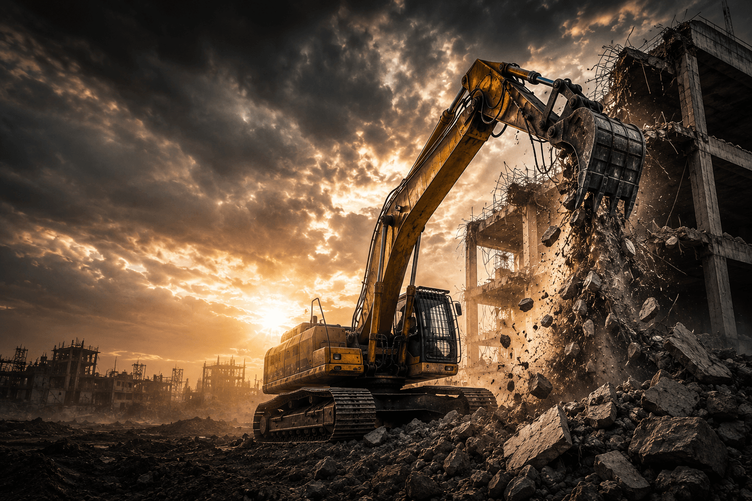 Excavator carrying out controlled demolition of a damaged concrete structure — Hai-Loumos
