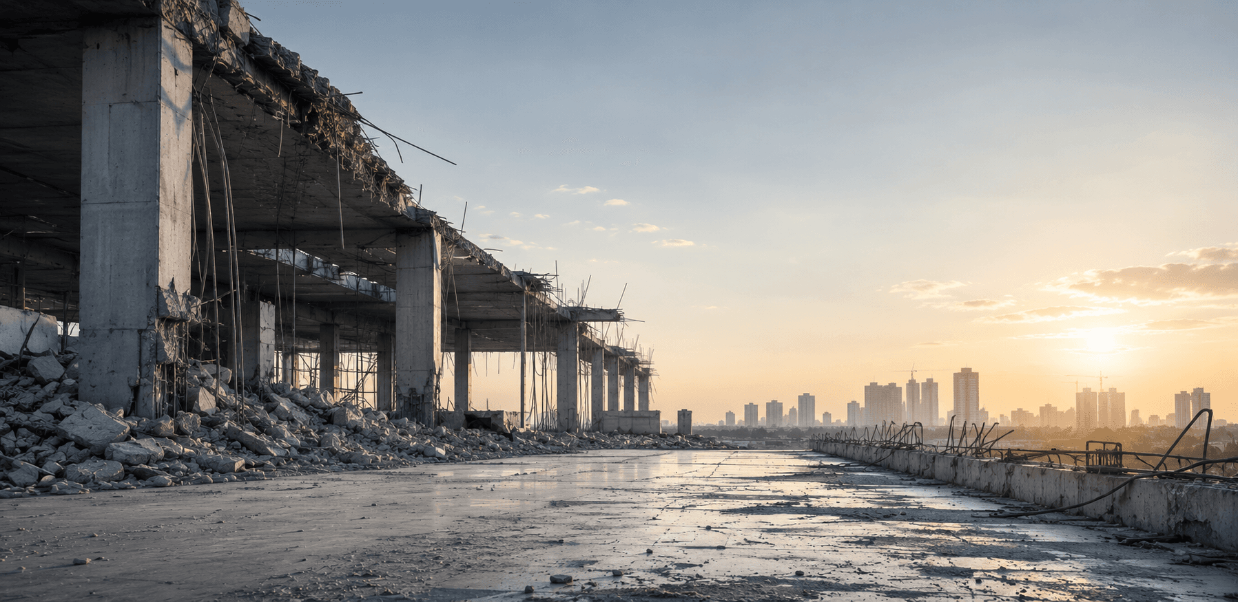 Demolition site and city skyline representing Hai-Loumos infrastructure projects
