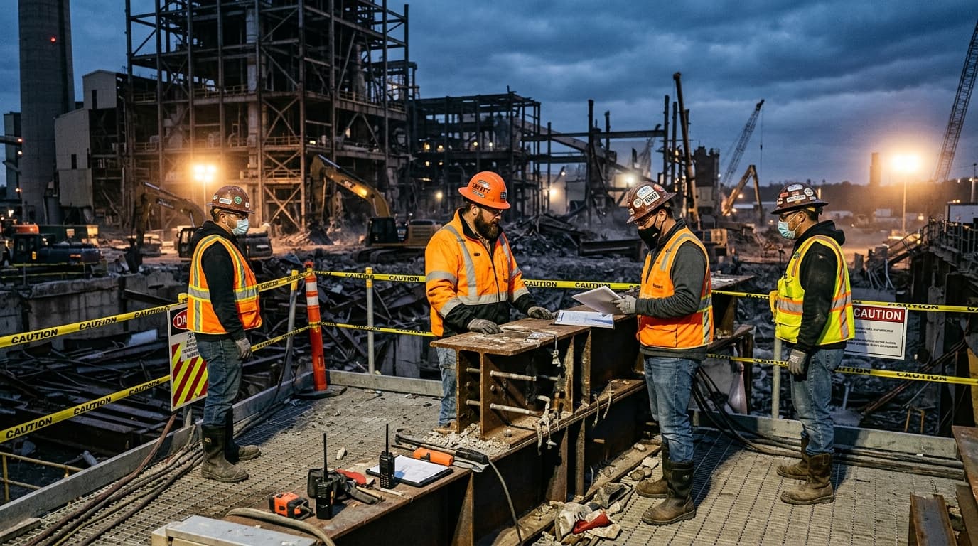 Exposed structural steel and bracing assessed before demolition by Hai-Loumos